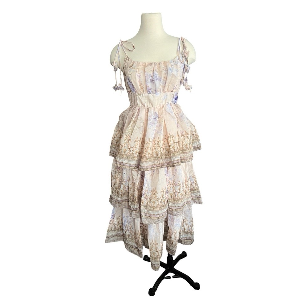 Anewsta Floral Tiered Dress Spaghetti Straps 3D Flowers Chiffon Midi Pastel Boho